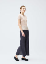 A model wears the PLEATS PLEASE ISSEY MIYAKE MONTHLY COLORS JULY trousers.