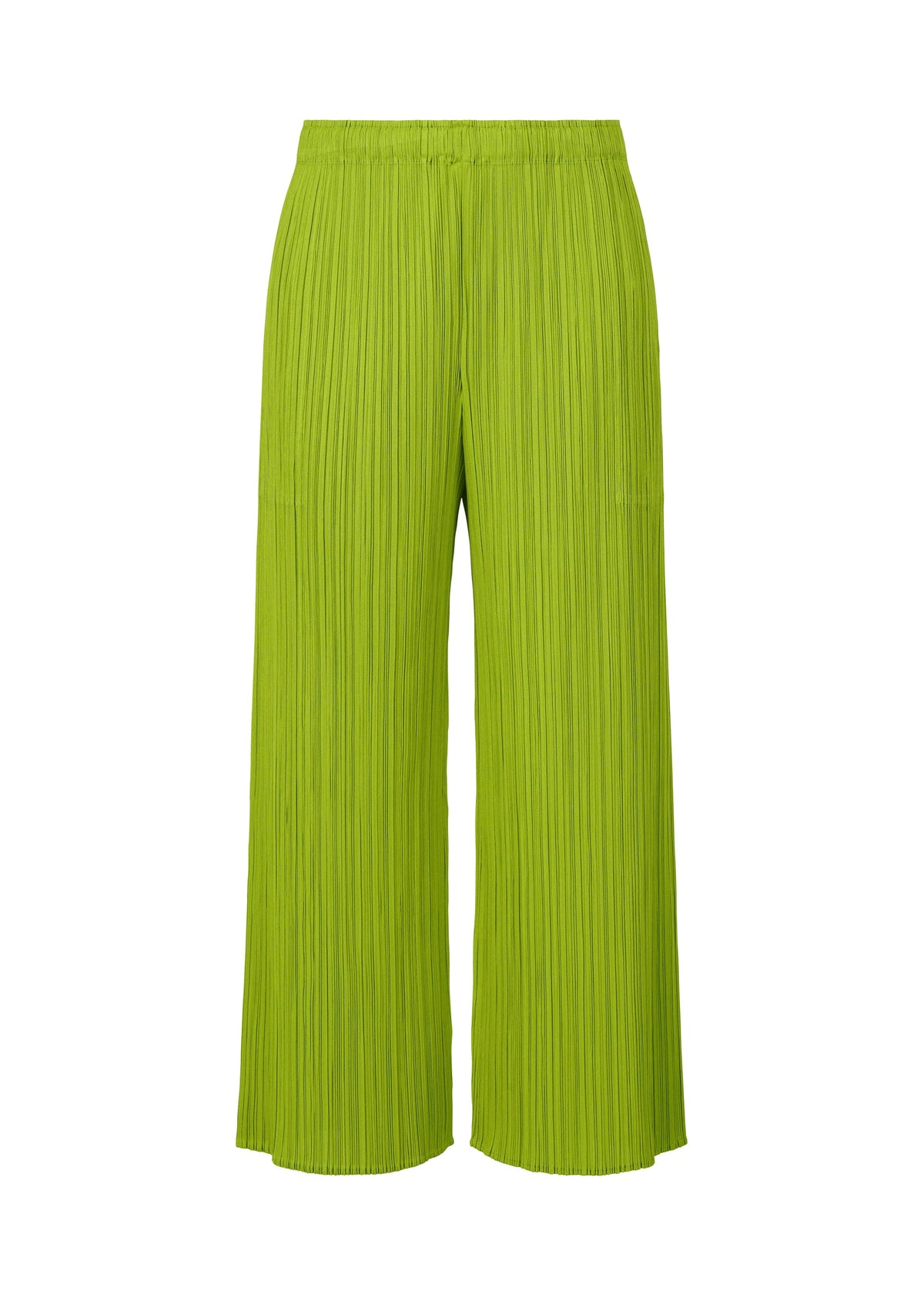 A product shot of the PLEATS PLEASE ISSEY MIYAKE MONTHLY COLORS AUGUST trousers in yellow green (58).