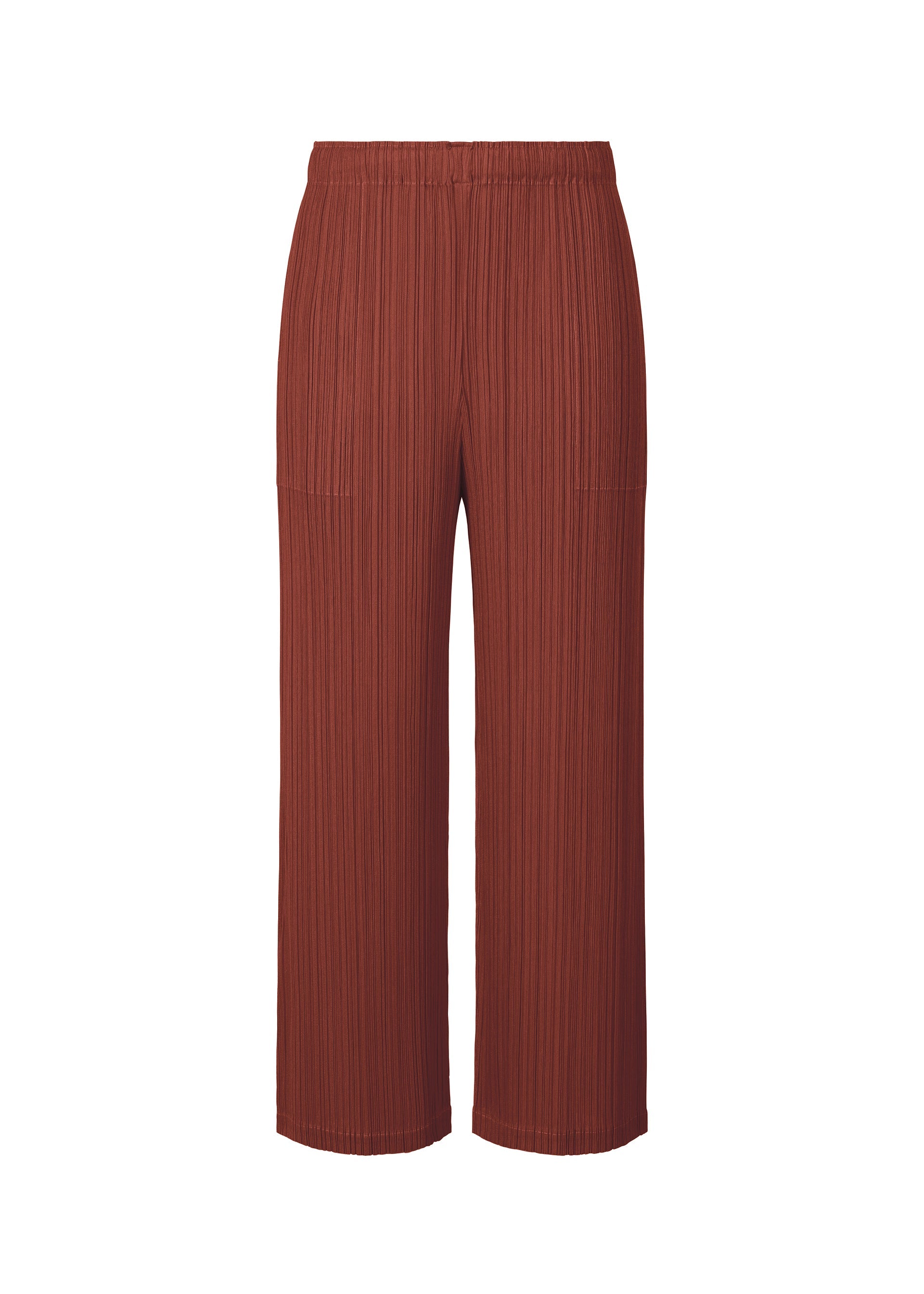 A product shot of the PLEATS PLEASE ISSEY MIYAKE MONTHLY COLORS OCTOBER trousers in brown red (45).