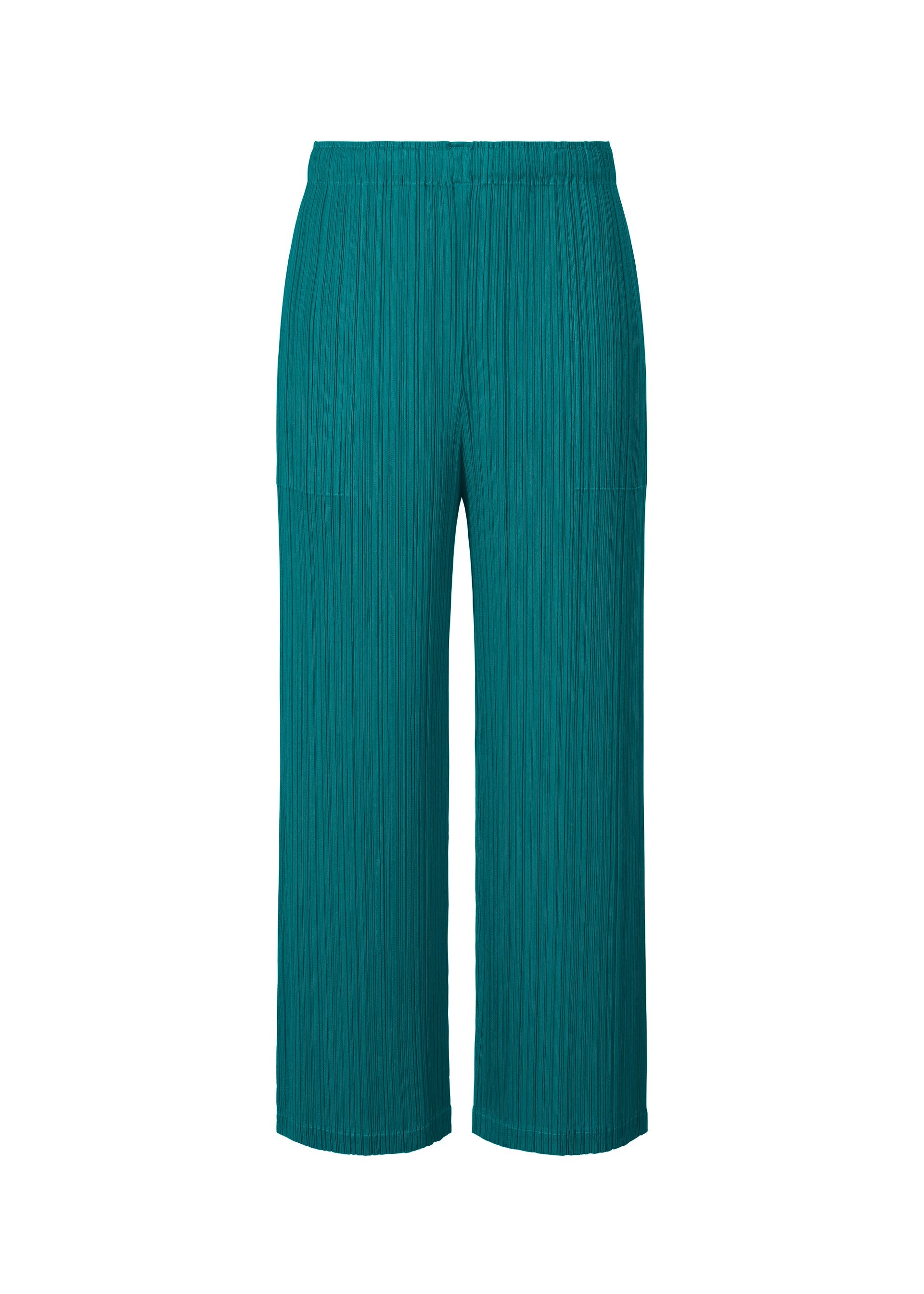 A product shot of the PLEATS PLEASE ISSEY MIYAKE MONTHLY COLORS OCTOBER trousers in turquoise green (61).