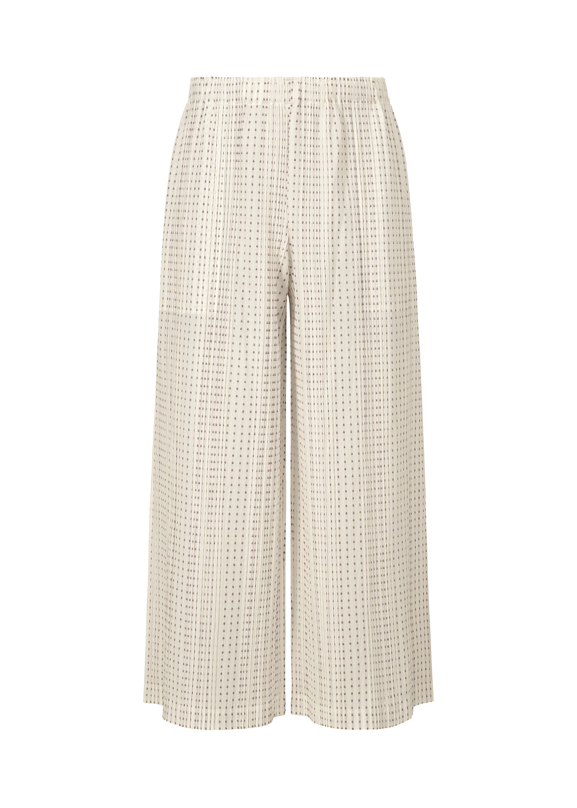 A product shot of the PLEATS PLEASE ISSEY MIYAKE COTTON SKIP trousers in white.