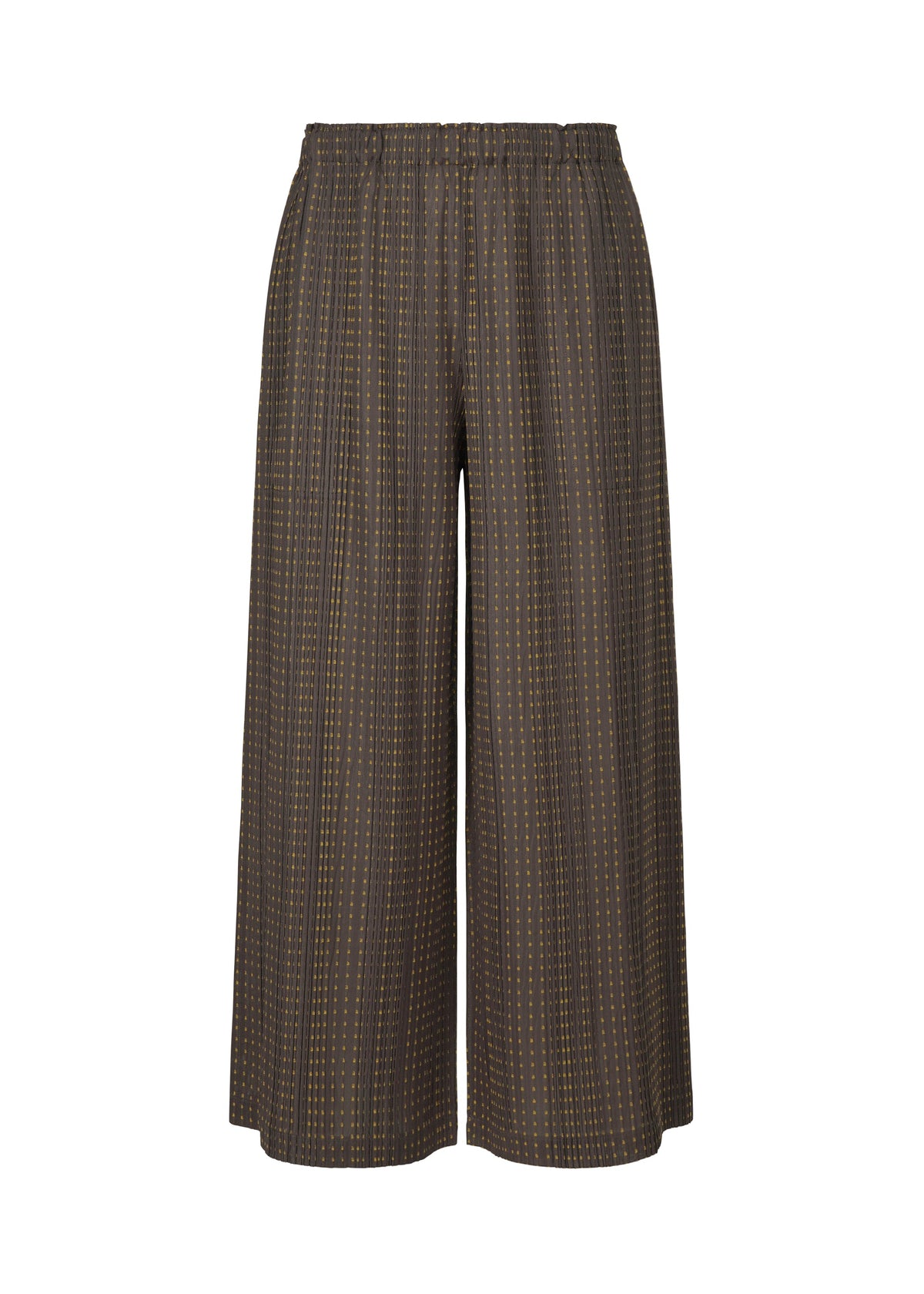A product shot of the PLEATS PLEASE ISSEY MIYAKE COTTON SKIP trousers in dark brown.