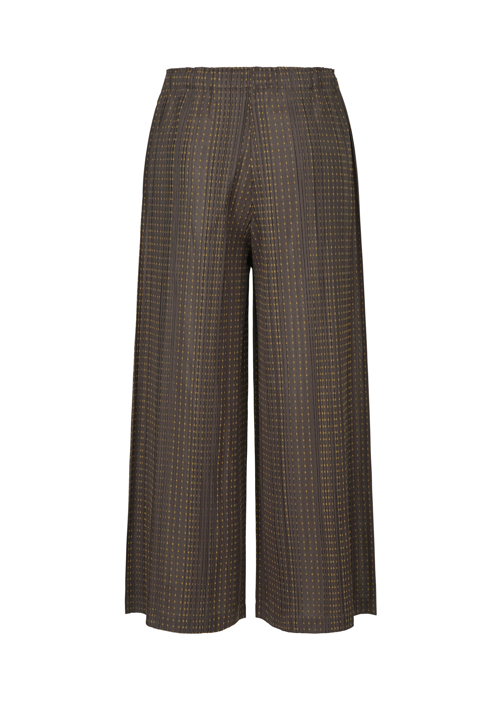 A detail shot of the PLEATS PLEASE ISSEY MIYAKE COTTON SKIP trousers.