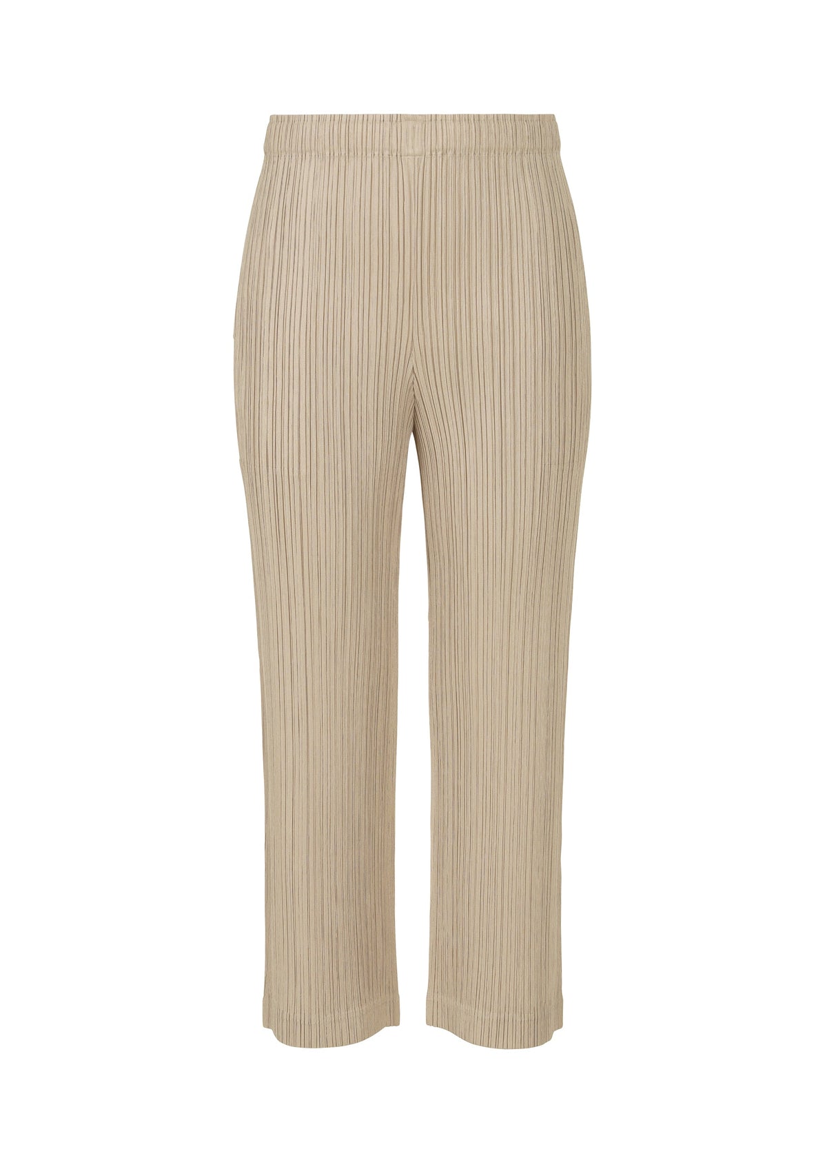 A product shot of the PLEATS PLEASE ISSEY MIYAKE THICKER BOTTOMS 1 trousers in greige.