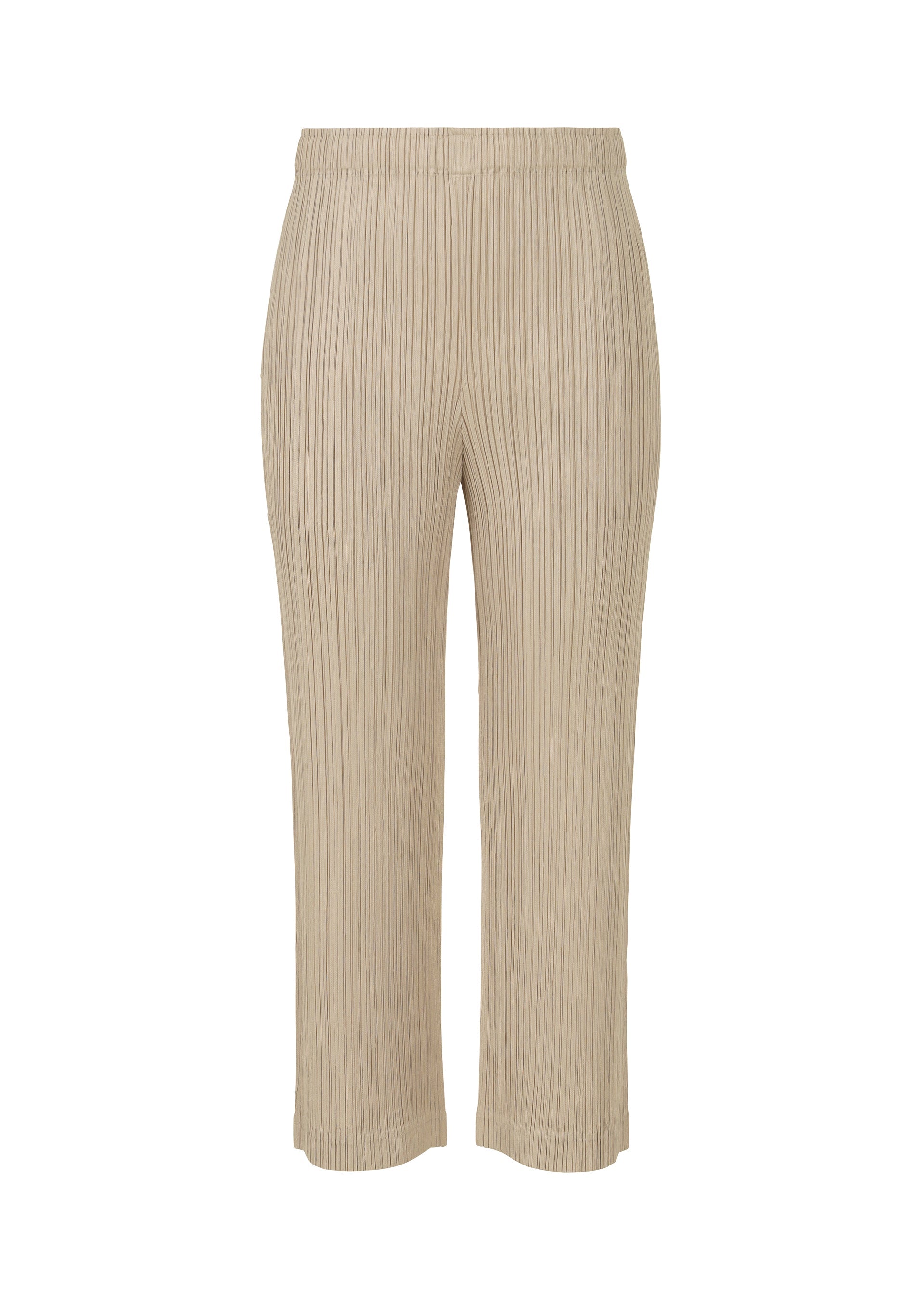 A product shot of the PLEATS PLEASE ISSEY MIYAKE THICKER BOTTOMS 1 trousers in greige.