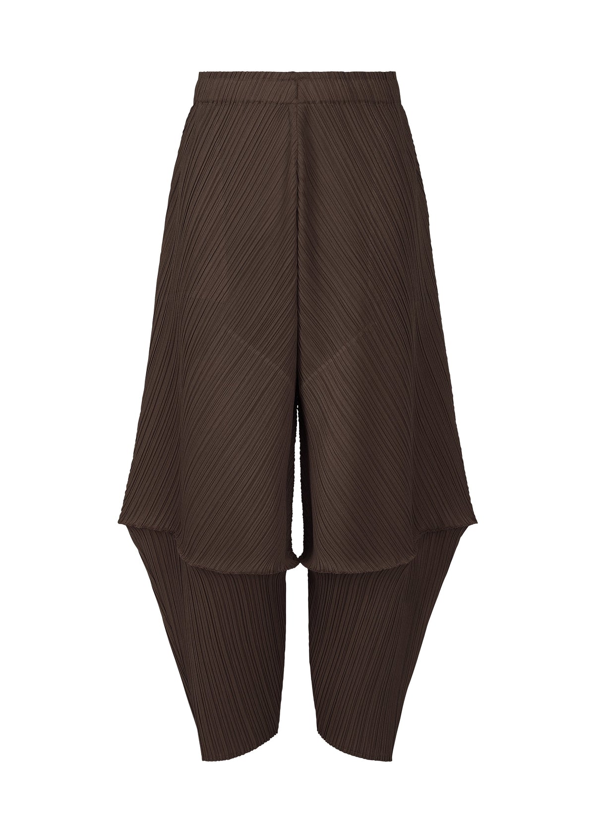 A product shot of the PLEATS PLEASE ISSEY MIYAKE LEAP trousers in dark brown.