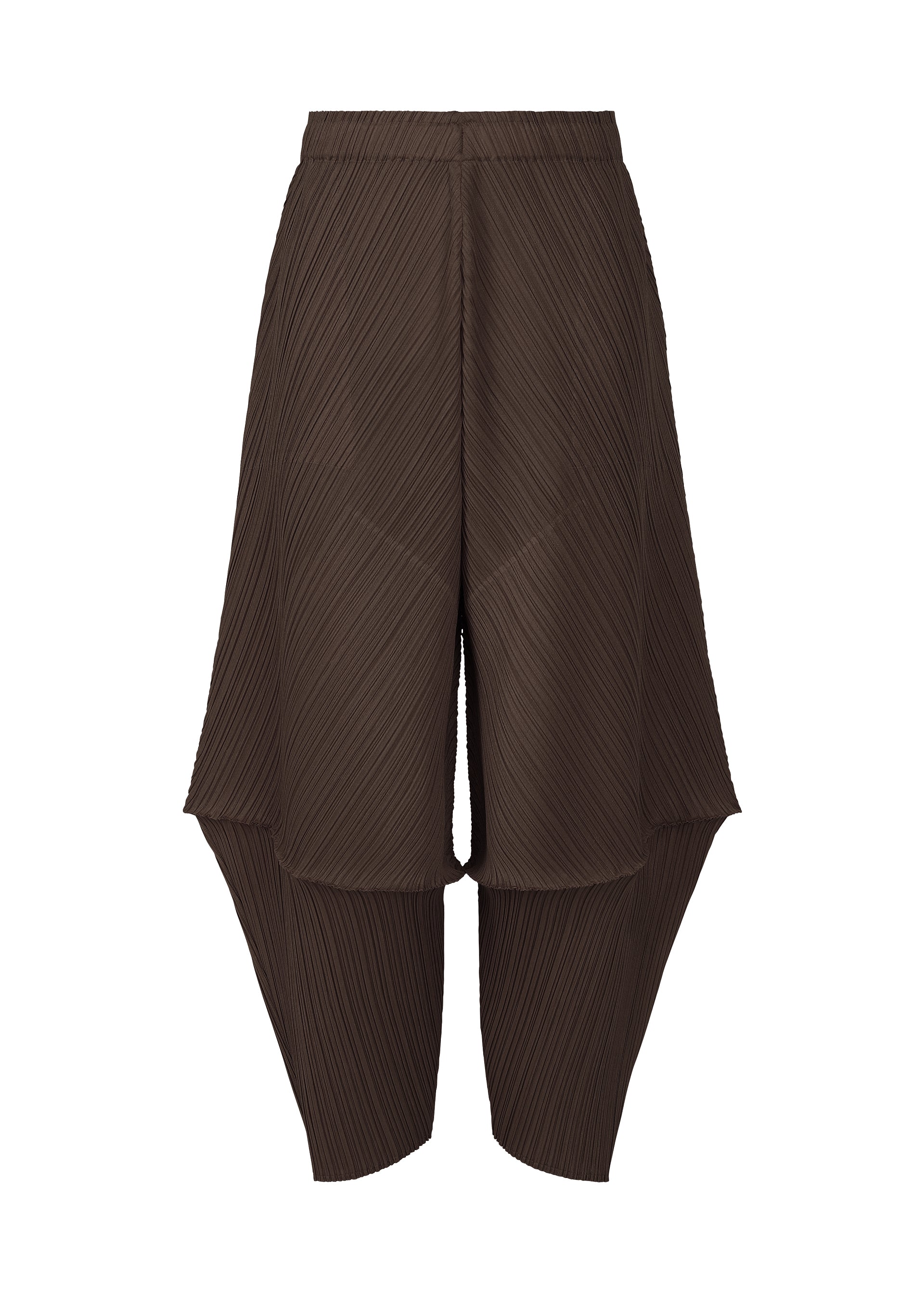 A product shot of the PLEATS PLEASE ISSEY MIYAKE LEAP trousers in dark brown.