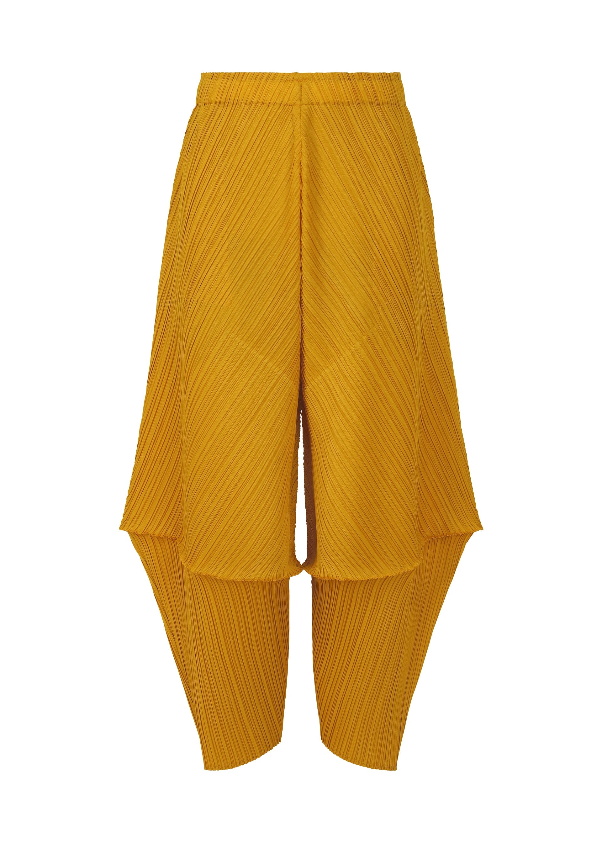 A product shot of the PLEATS PLEASE ISSEY MIYAKE LEAP trousers in mustard.