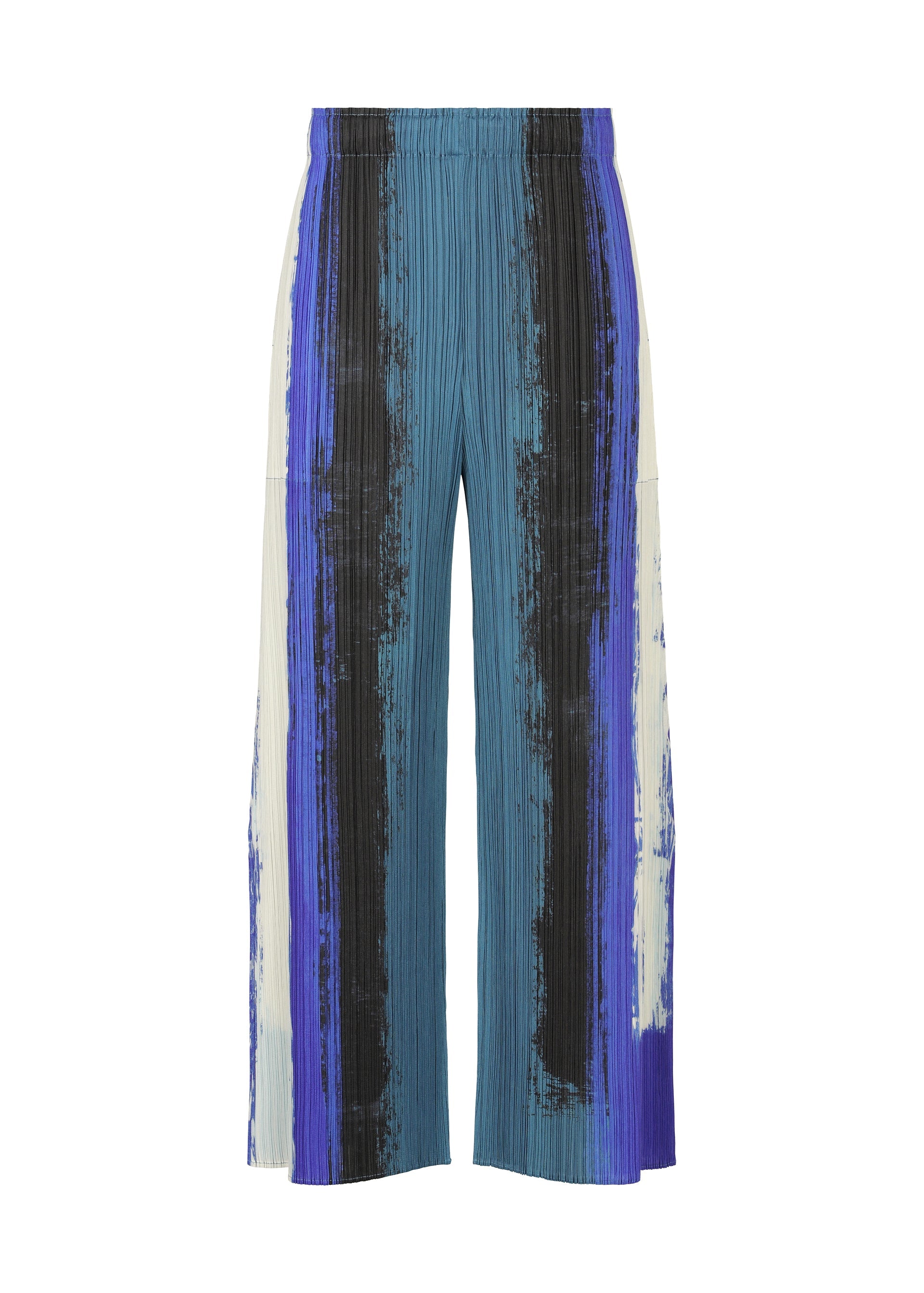A product shot of the PLEATS PLEASE ISSEY MIYAKE JUMP trousers in blue.