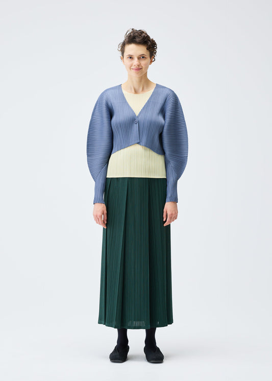 A model wears the PLEATS PLEASE ISSEY MIYAKE MONTHLY COLORS DECEMBER clothing.