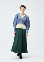 A model wears the PLEATS PLEASE ISSEY MIYAKE MONTHLY COLORS DECEMBER clothing.