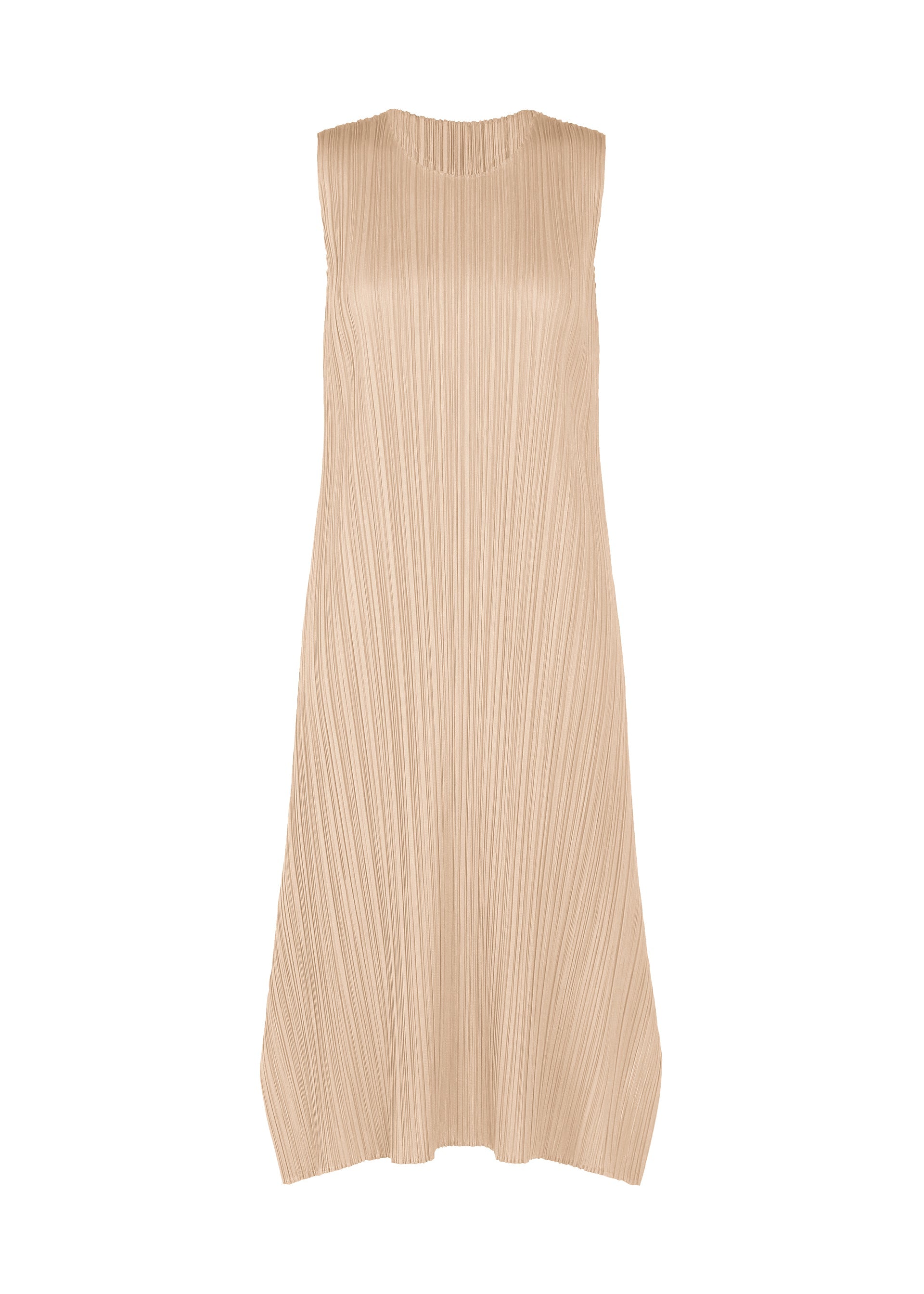 A product shot of the PLEATS PLEASE ISSEY MIYAKE MONTHLY COLORS JULY dress in light beige.