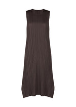 A product shot of the PLEATS PLEASE ISSEY MIYAKE MONTHLY COLORS JULY dress in dark brown.
