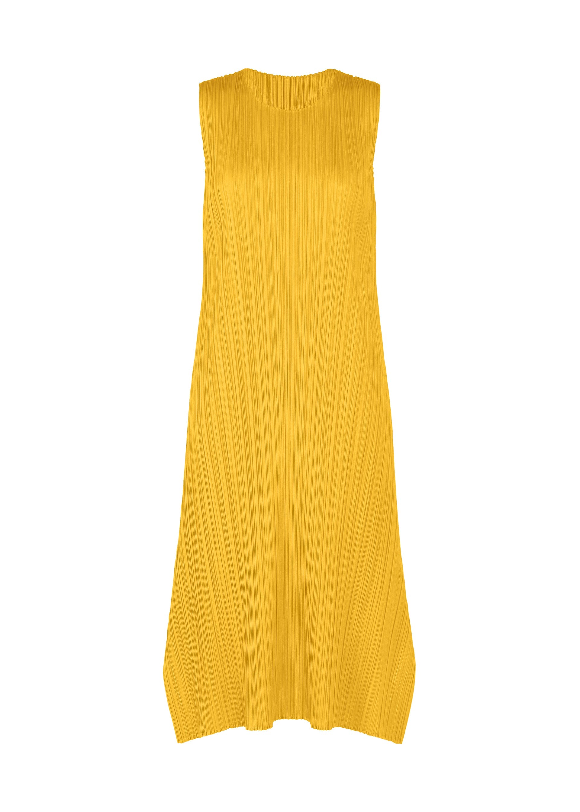 A product shot of the PLEATS PLEASE ISSEY MIYAKE MONTHLY COLORS JULY dress in yellow.