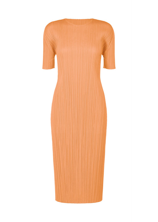 A product shot of the PLEATS PLEASE ISSEY MIYAKE MONTHLY COLORS AUGUST dress in coral orange (31).