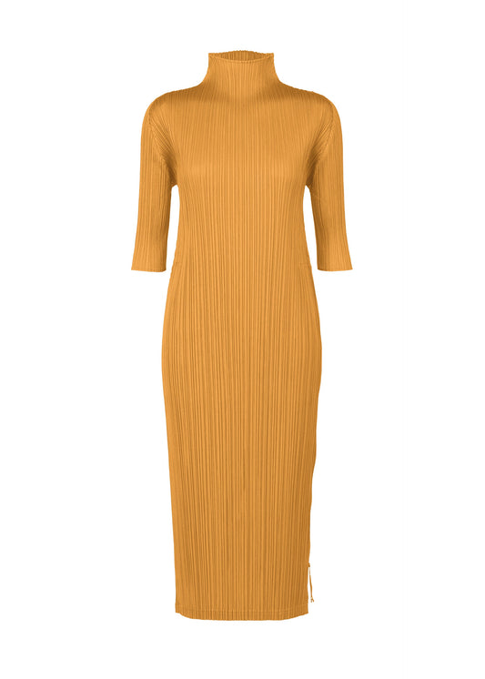 A product shot of the PLEATS PLEASE ISSEY MIYAKE MONTHLY COLORS SEPTEMBER dress in ochre (56).