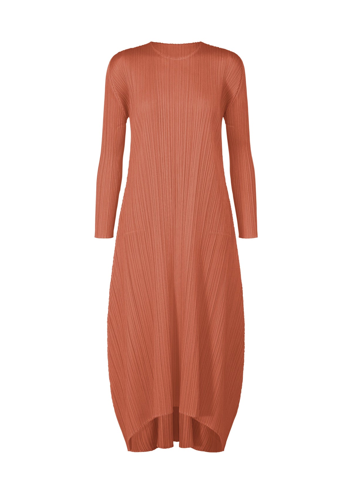 A product shot of the PLEATS PLEASE ISSEY MIYAKE MONTHLY COLORS OCTOBER dress in coral pink (29).