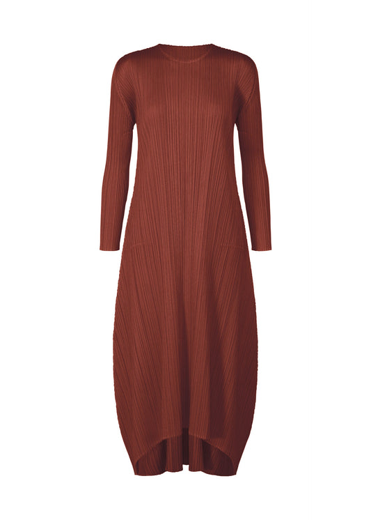 A product shot of the PLEATS PLEASE ISSEY MIYAKE MONTHLY COLORS OCTOBER dress in brown red (45).