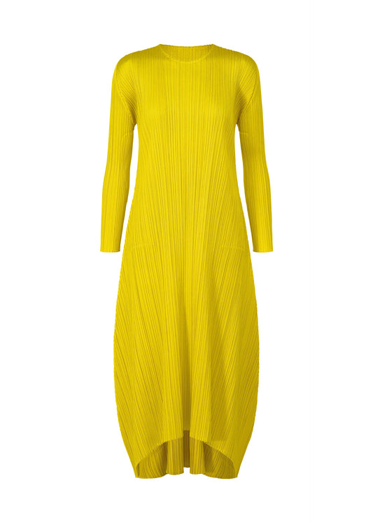 A product shot of the PLEATS PLEASE ISSEY MIYAKE MONTHLY COLORS OCTOBER dress in canary yellow (51).