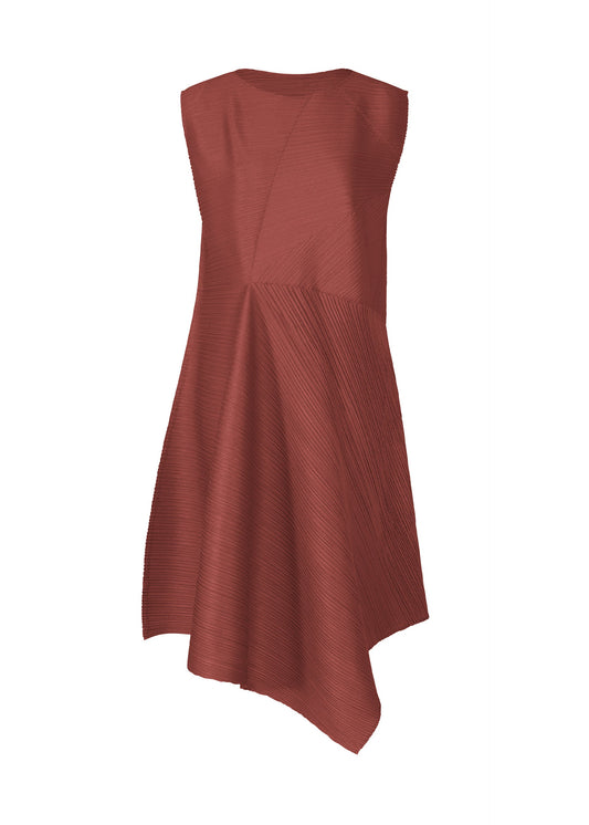 A product shot of the PLEATS PLEASE ISSEY MIYAKE SPIN dress in brown red (45).