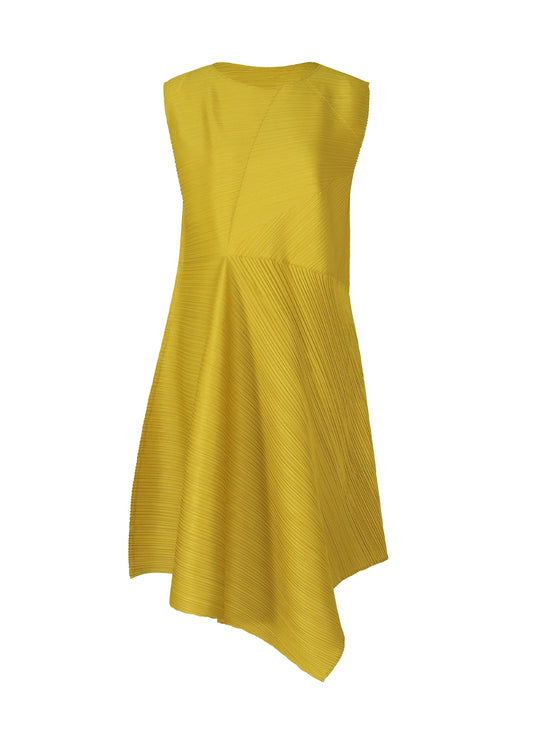 A product shot of the PLEATS PLEASE ISSEY MIYAKE SPIN dress in mustard (59).