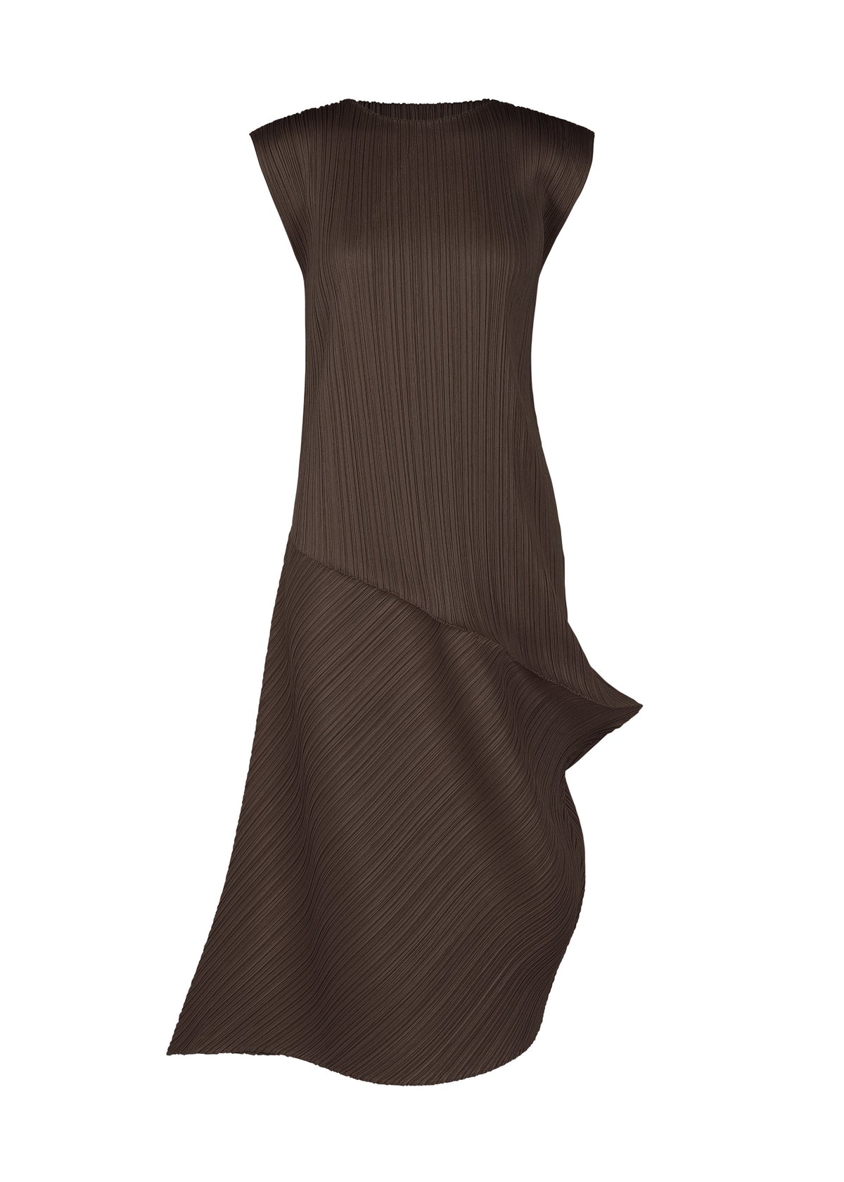 A product shot of the PLEATS PLEASE ISSEY MIYAKE LEAP dress in dark brown.
