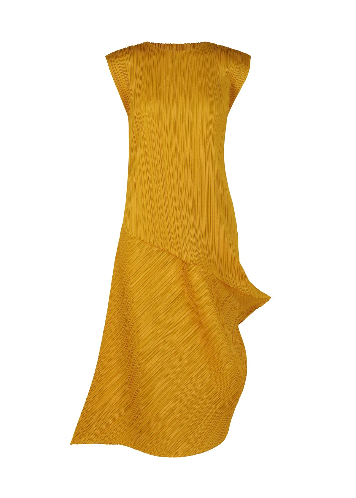 A product shot of the PLEATS PLEASE ISSEY MIYAKE LEAP dress in mustard.