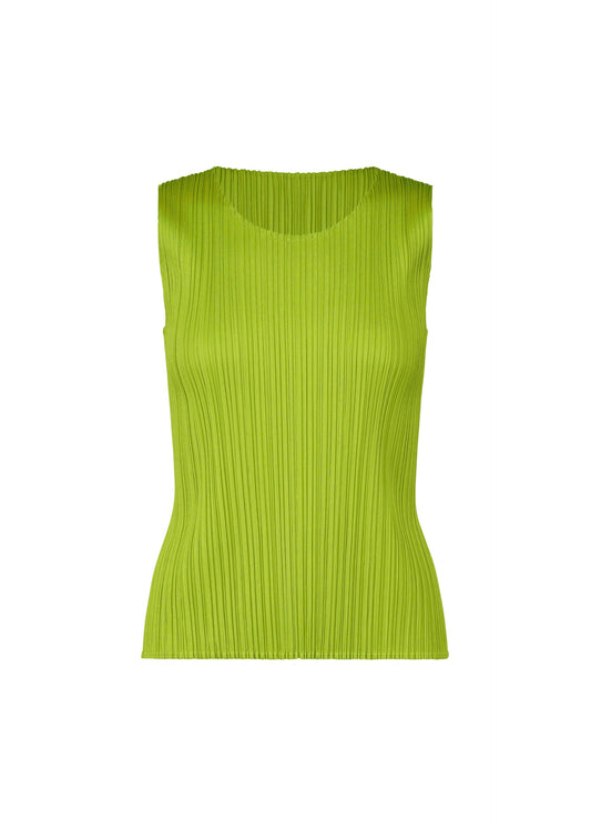 A product shot of the PLEATS PLEASE ISSEY MIYAKE MONTHLY COLORS AUGUST top in yellow green (58).
