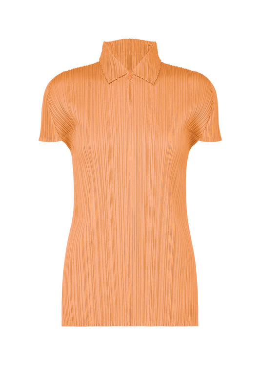 A product shot of the PLEATS PLEASE ISSEY MIYAKE MONTHLY COLORS AUGUST top in coral orange (31).