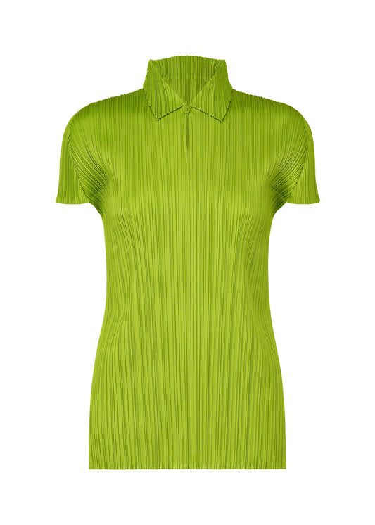 A product shot of the PLEATS PLEASE ISSEY MIYAKE MONTHLY COLORS AUGUST top in yellow green (58).