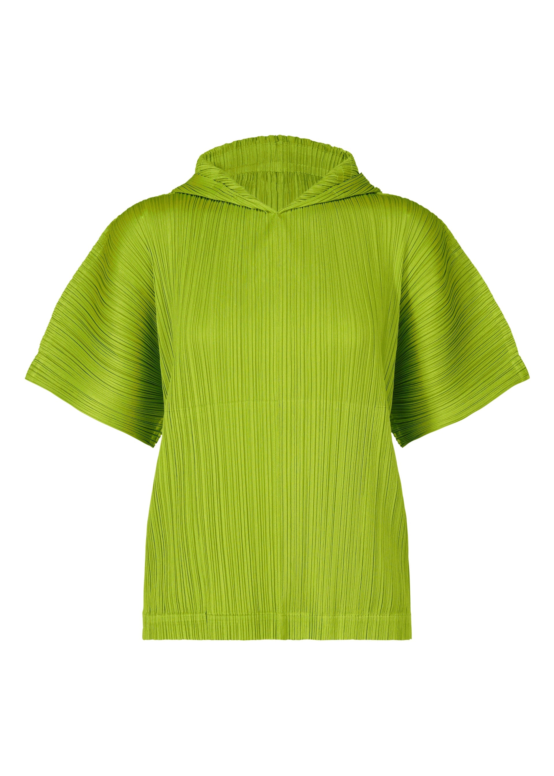 A product shot of the PLEATS PLEASE ISSEY MIYAKE MONTHLY COLORS AUGUST top in yellow green (58).