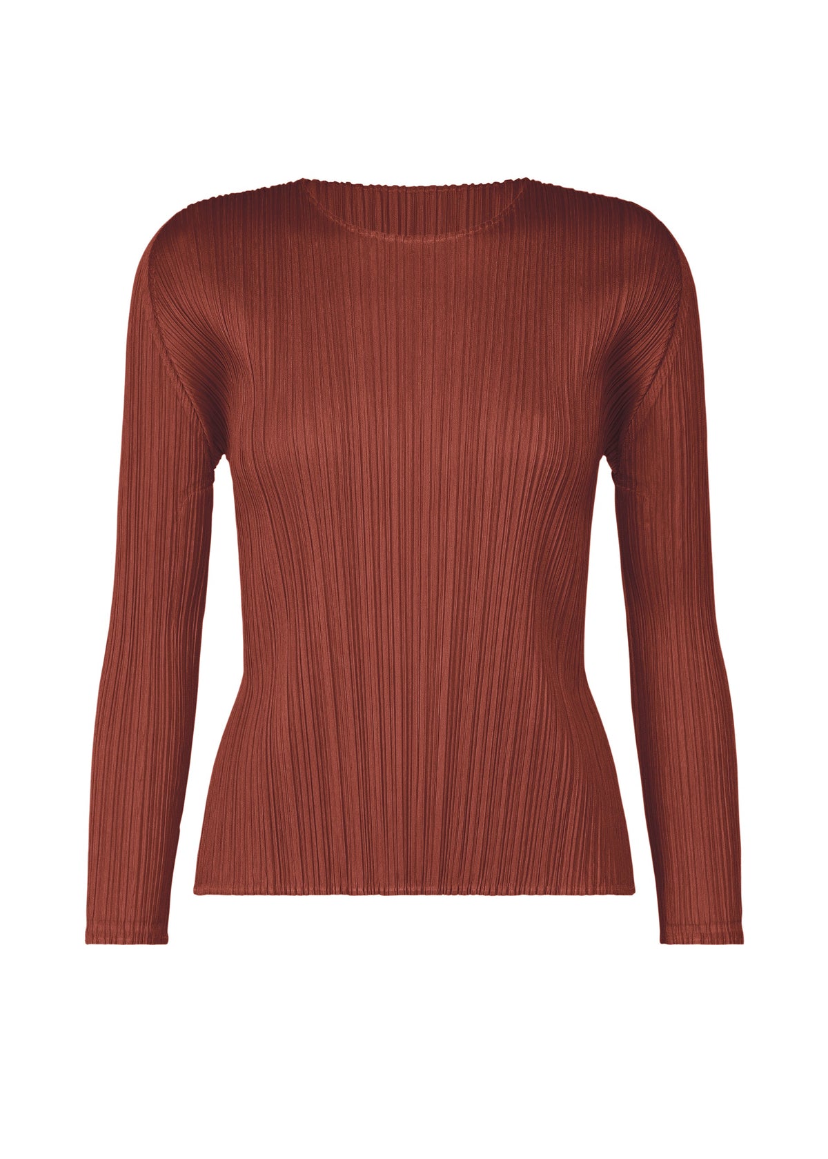 A product shot of the PLEATS PLEASE ISSEY MIYAKE MONTHLY COLORS OCTOBER top in brown red (45).
