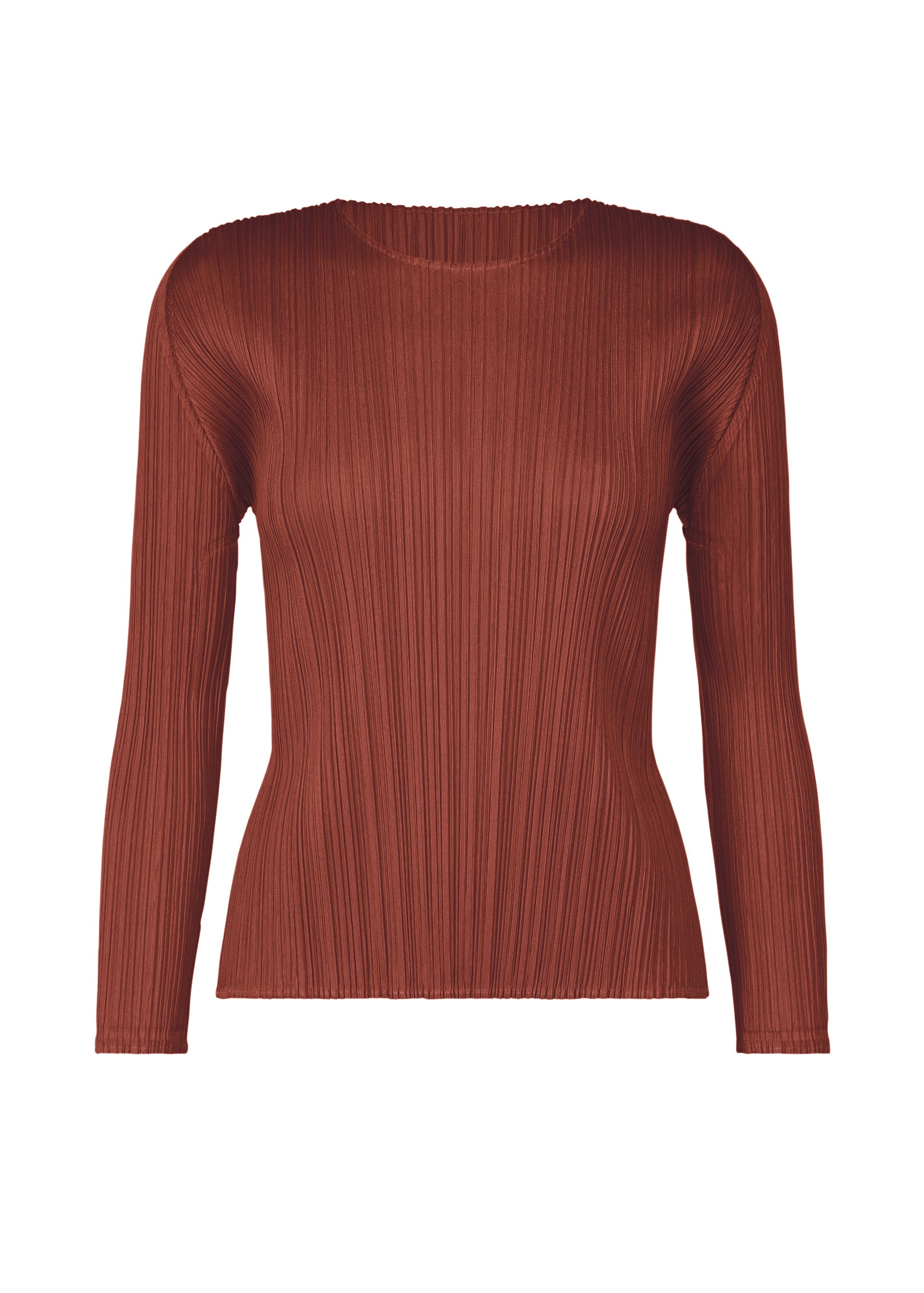 A product shot of the PLEATS PLEASE ISSEY MIYAKE MONTHLY COLORS OCTOBER top in brown red (45).