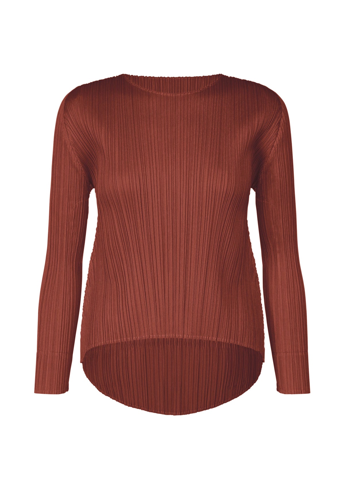 A product shot of the PLEATS PLEASE ISSEY MIYAKE MONTHLY COLORS OCTOBER top in brown red (45).