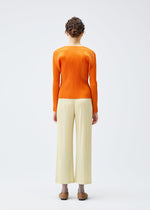 A model wears the PLEATS PLEASE ISSEY MIYAKE MONTHLY COLORS DECEMBER clothing.