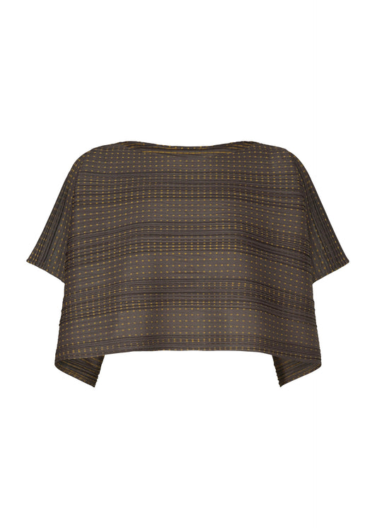A product shot of the PLEATS PLEASE ISSEY MIYAKE COTTON SKIP top in dark brown.