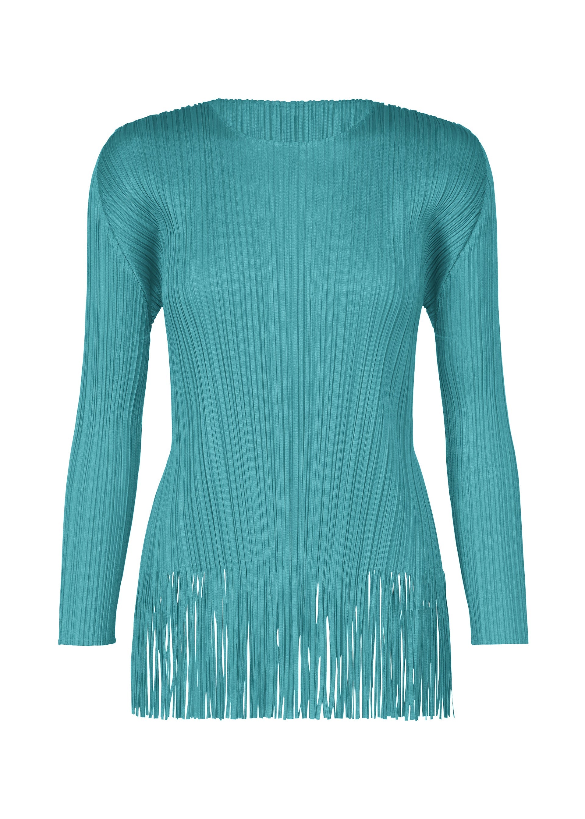 A product shot of the PLEATS PLEASE ISSEY MIYAKE WAVE top in turquoise blue (73).