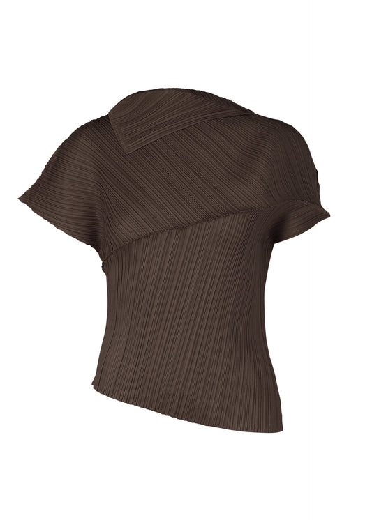 A product shot of the PLEATS PLEASE ISSEY MIYAKE LEAP top in dark brown.