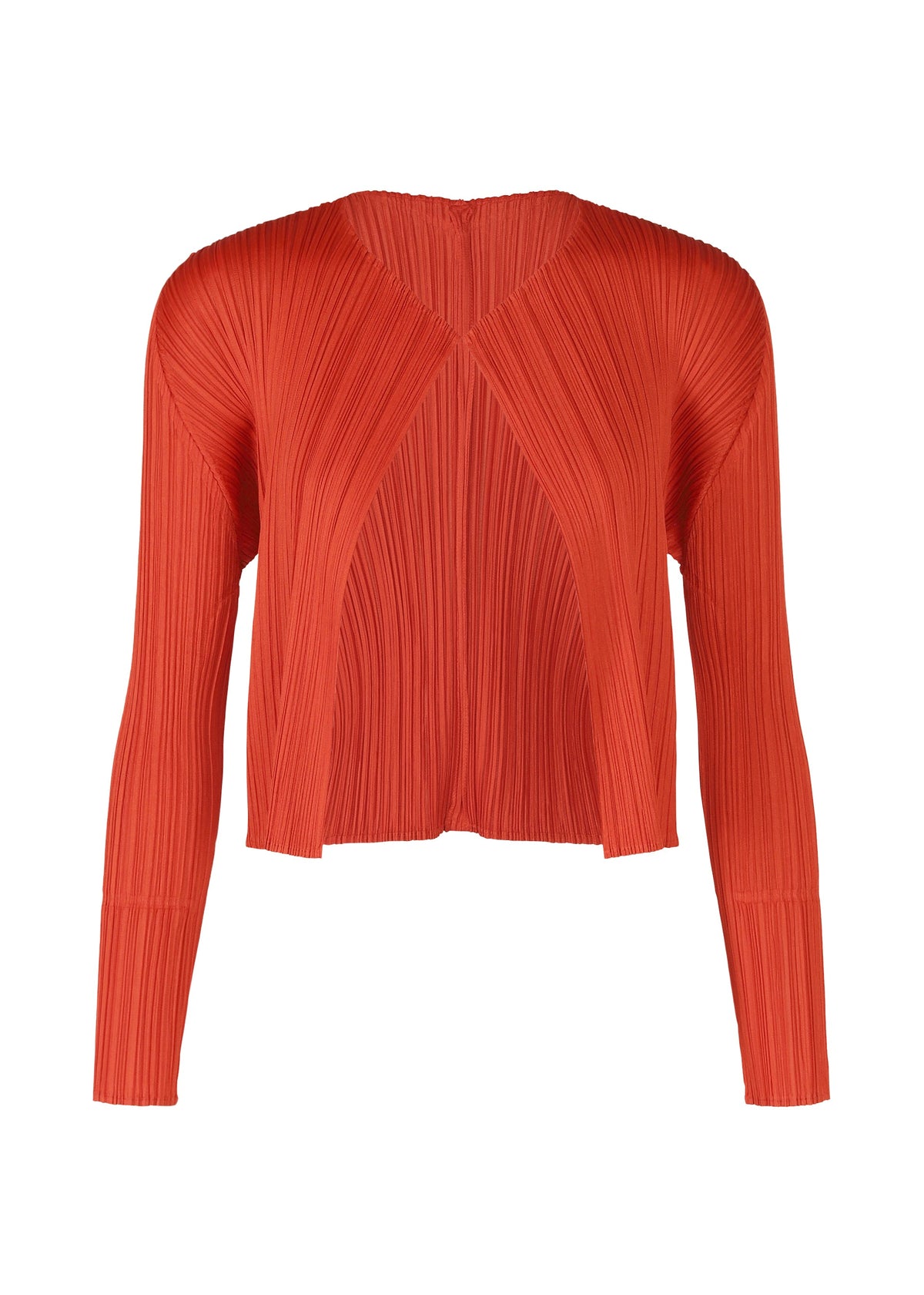 A product shot of the PLEATS PLEASE ISSEY MIYAKE MONTHLY COLORS JULY cardigan in bright red.