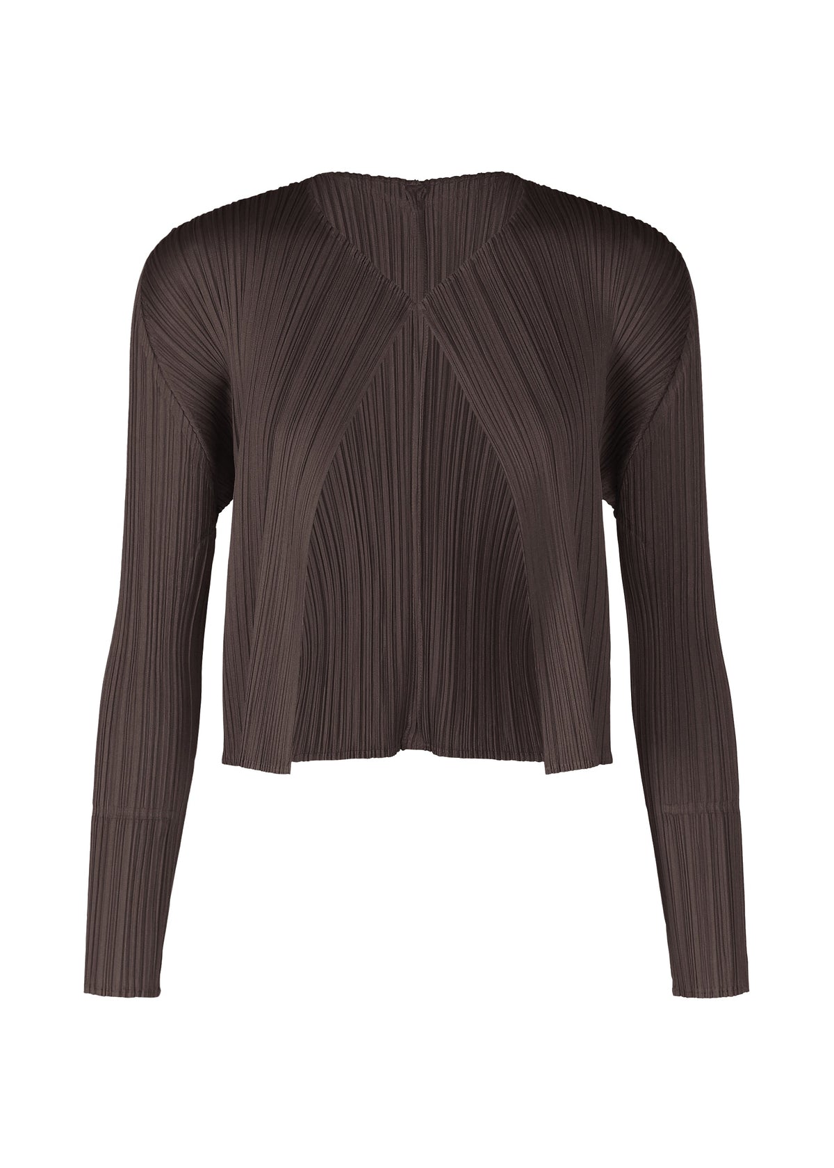 A product shot of the PLEATS PLEASE ISSEY MIYAKE MONTHLY COLORS JULY cardigan in dark brown.