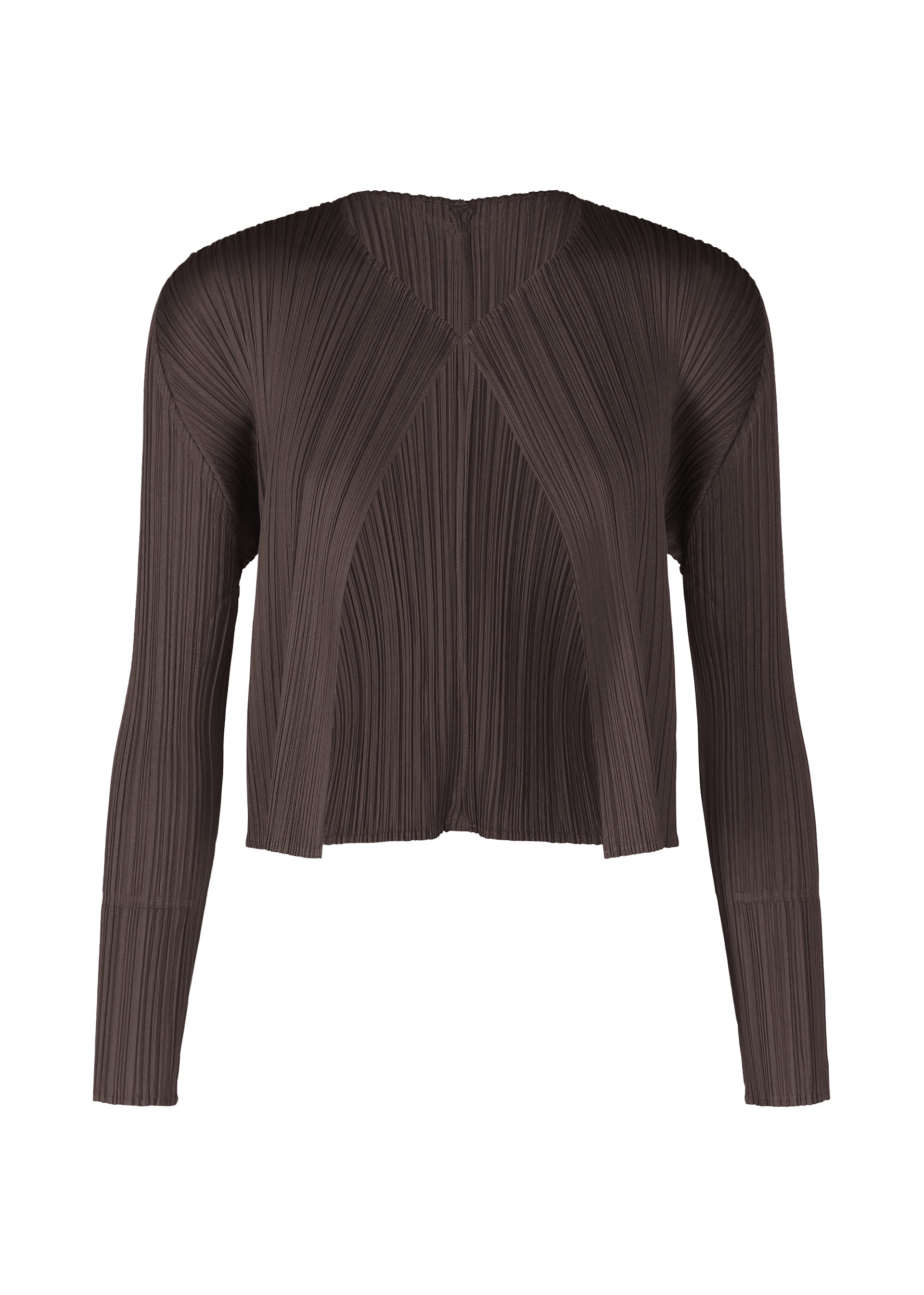A product shot of the PLEATS PLEASE ISSEY MIYAKE MONTHLY COLORS JULY cardigan in dark brown.