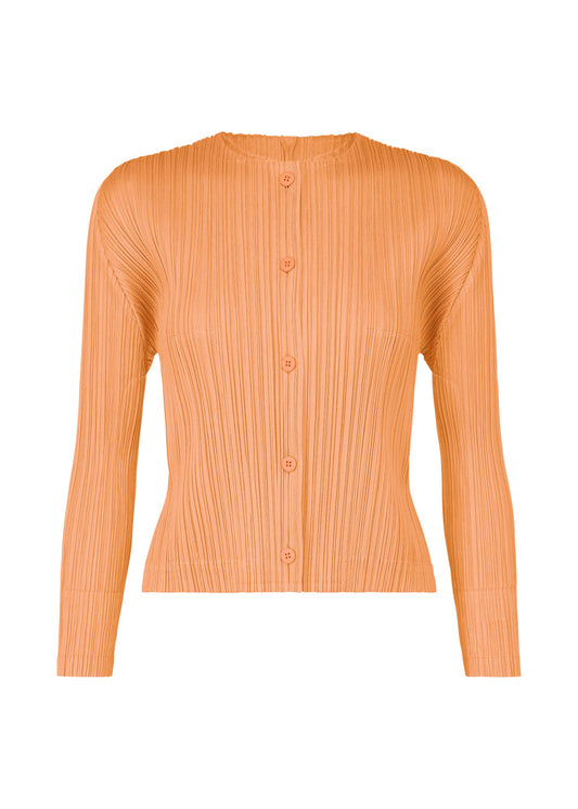 A product shot of the PLEATS PLEASE ISSEY MIYAKE MONTHLY COLORS AUGUST cardigan in coral orange (31).