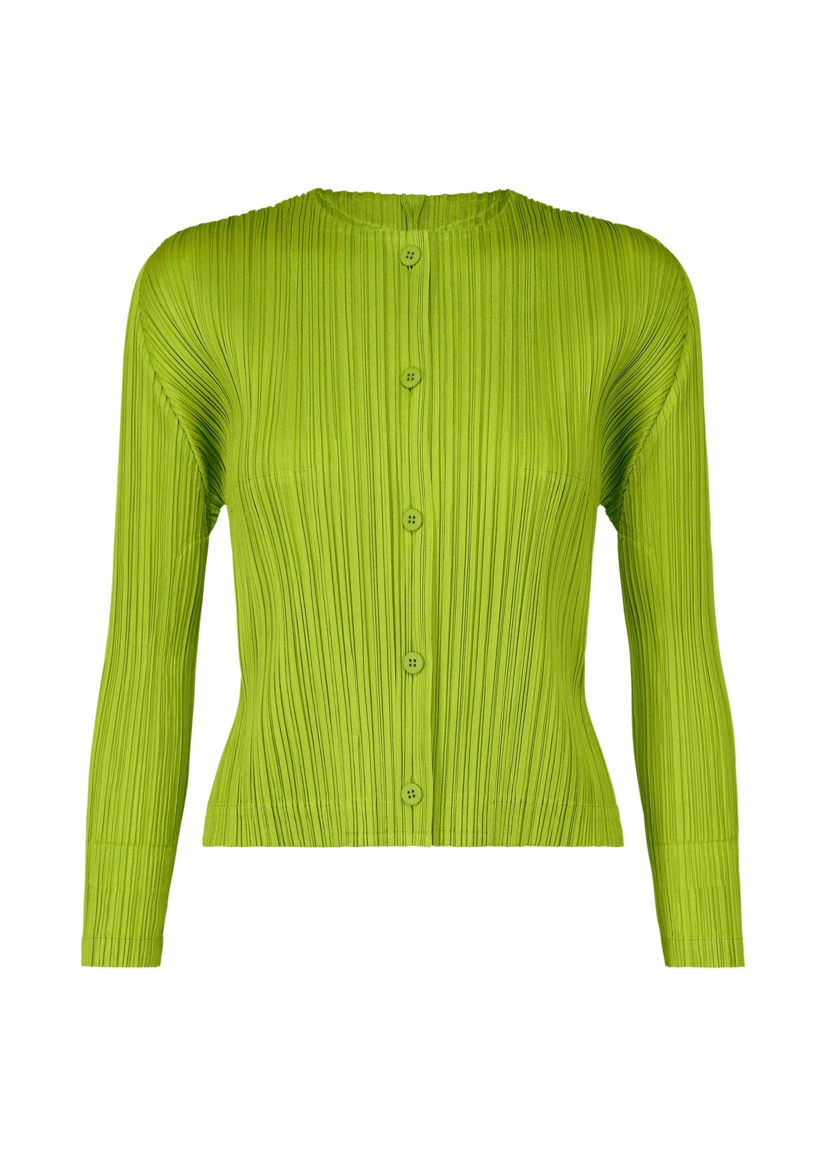 A product shot of the PLEATS PLEASE ISSEY MIYAKE MONTHLY COLORS AUGUST cardigan in yellow green (58).