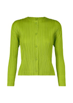 A product shot of the PLEATS PLEASE ISSEY MIYAKE MONTHLY COLORS AUGUST cardigan in yellow green (58).