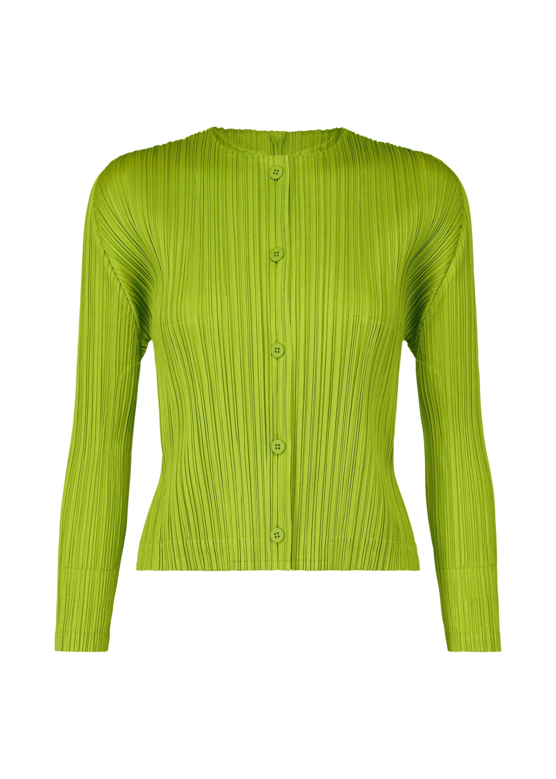 A product shot of the PLEATS PLEASE ISSEY MIYAKE MONTHLY COLORS AUGUST cardigan in yellow green (58).