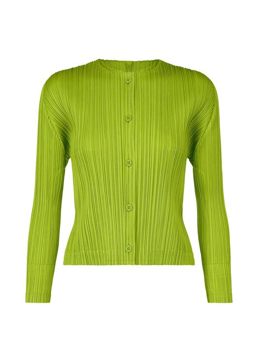 A product shot of the PLEATS PLEASE ISSEY MIYAKE MONTHLY COLORS AUGUST cardigan in yellow green (58).
