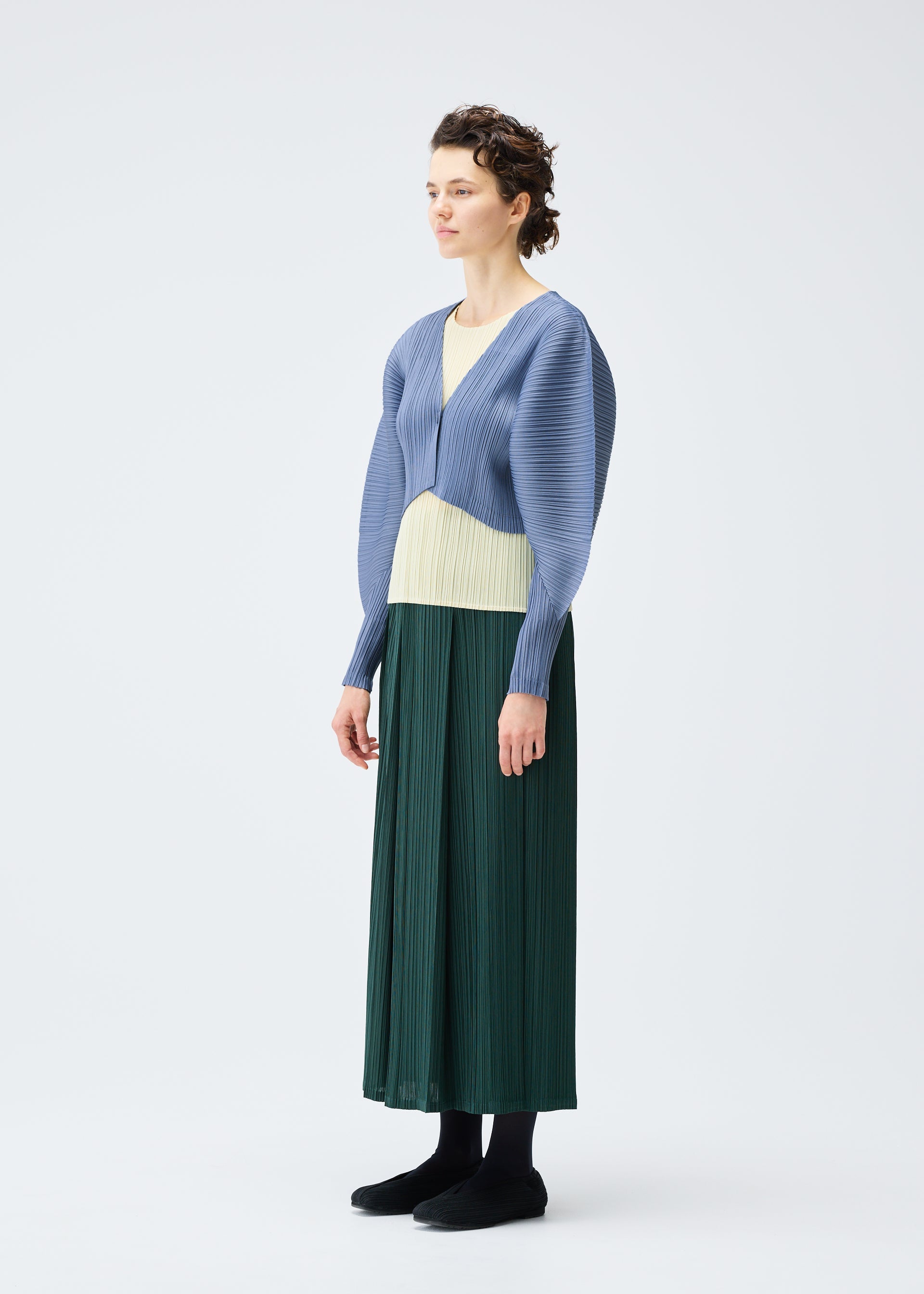 A model wears the PLEATS PLEASE ISSEY MIYAKE MONTHLY COLORS DECEMBER clothing.