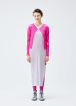 A model wears the PLEATS PLEASE ISSEY MIYAKE LUCID PLEATS cardigan.