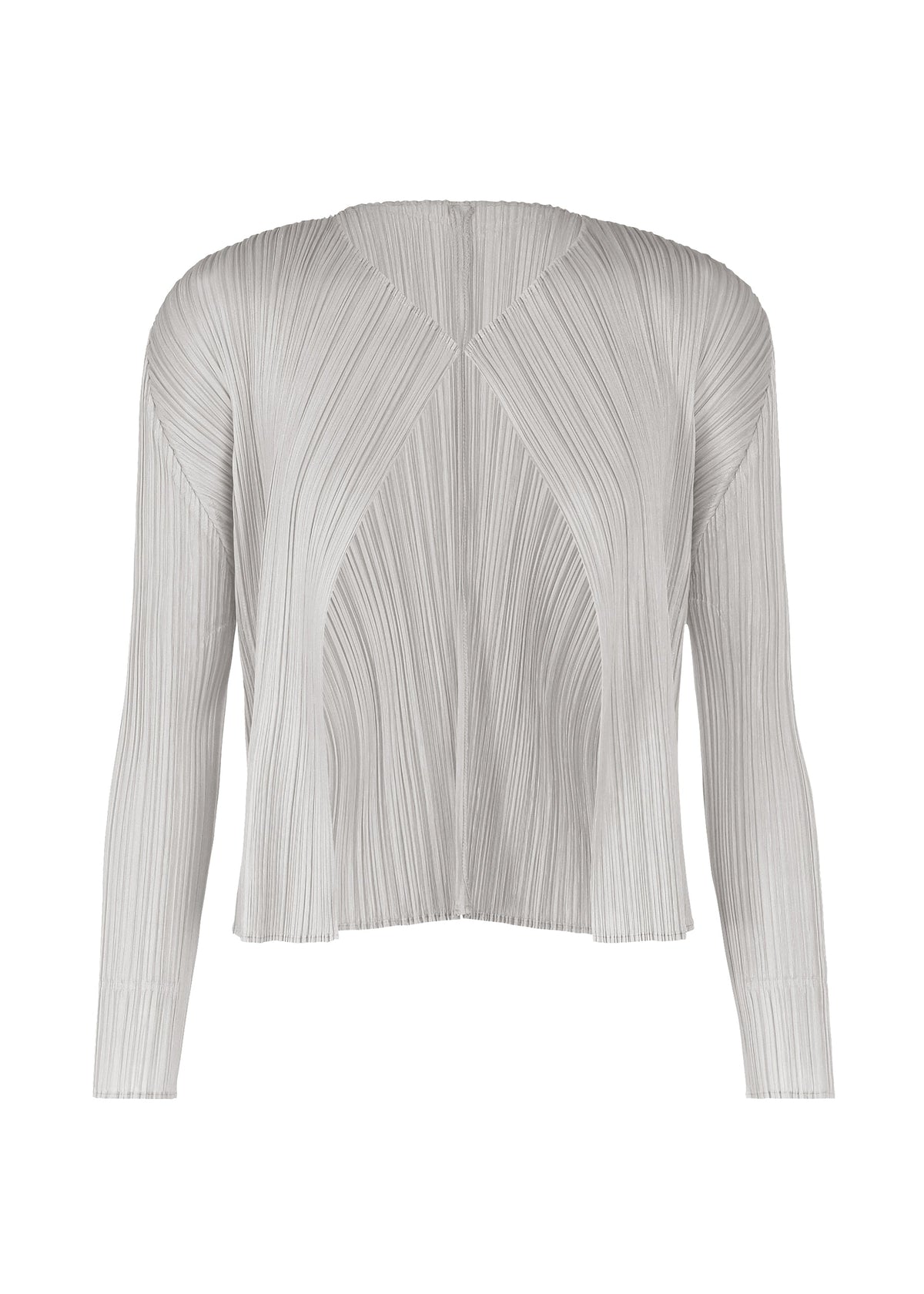 A product shot of the PLEATS PLEASE ISSEY MIYAKE LUCID PLEATS cardigan in light grey (10).