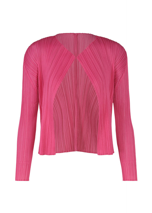 A product shot of the PLEATS PLEASE ISSEY MIYAKE LUCID PLEATS cardigan in bright pink (27).